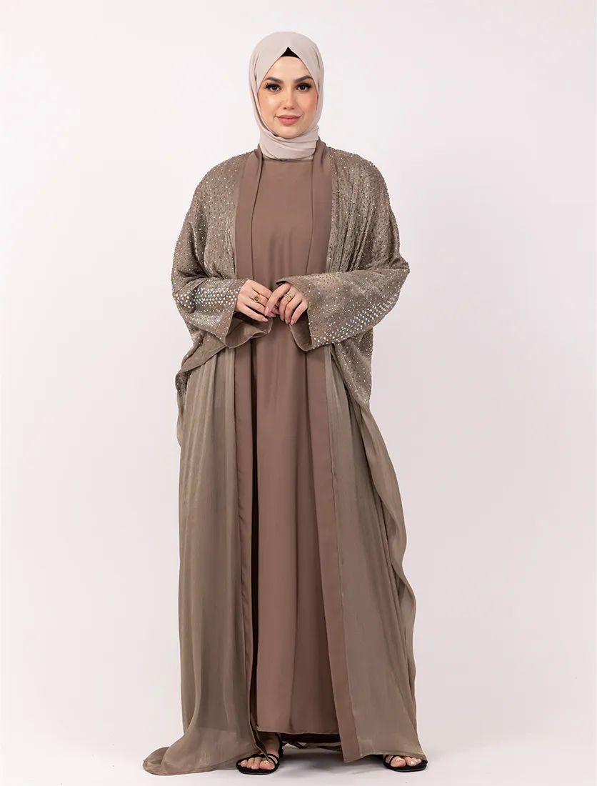 Mocha Sparkle Crystal Embellished Sheer Overlay Abaya